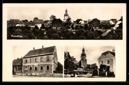 AK Punschrau, Gasthaus zur Linde, Kirche, Schule, Ortsansicht