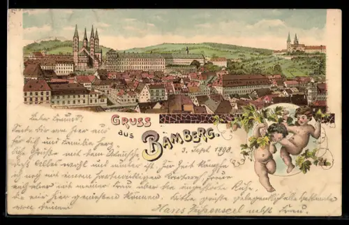 Lithographie Bamberg, Stadtansicht mit Dom und Kloster Michaelsberg