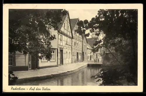 AK Paderborn, Auf den Dielen, Fachwerkhäuser am Wasserlauf, Brücke
