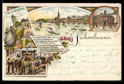 Lithographie Sachsenhausen, Mainufer, Sachsenhäuser Wartturm, Postamt, Heckenwirtschaft