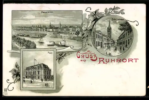Lithographie Ruhrort, Panorama, Fabrikstrasse, Post