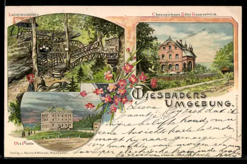 Lithographie Wiesbaden, Leichtweishöhle, Chausseehaus Hotel Taunusblick, Die Platte