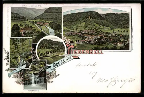 Lithographie Bad Liebenzell, Gesamtansicht, Kaffeehof, Mohnbachtal, Kohlbachtal