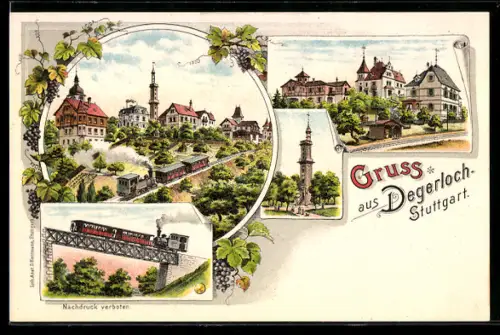 Lithographie Degerloch-Stuttgart, Ortsansichten, Zahnradbahn, Aussichtsturm