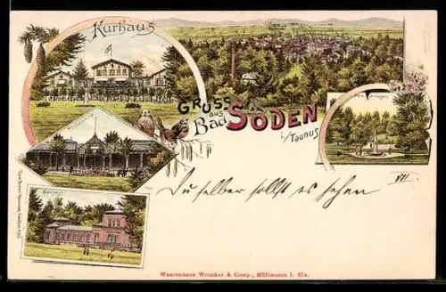 Lithographie Bad Soden i. Taunus, Kurhaus, Anlagen, Badehaus, Ortsansicht