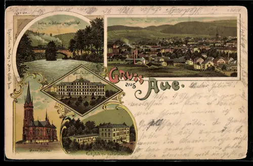 Lithographie Aue, Fachschule für Blecharbeiter, Partie im Schwarzwassertal, Neue Kirche