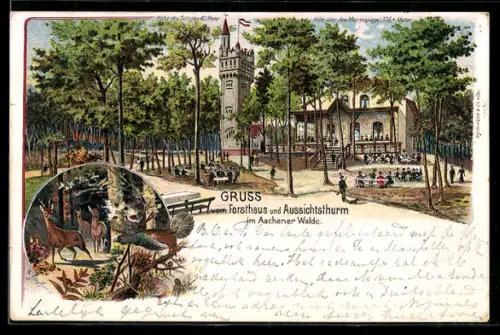Lithographie Aachen, Forsthaus u. Aussichtsturm im Aachener Wald, Wild