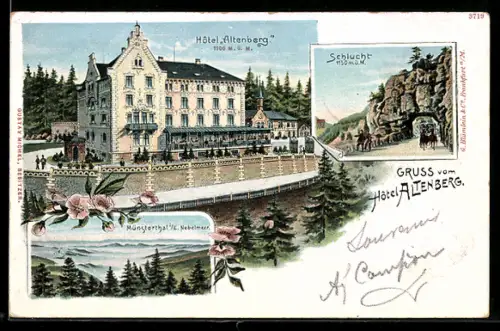 Lithographie Altenberg, Hotel Altenberg, Schlucht, Münsterthal Nebelmeer