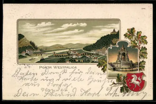 Passepartout-Lithographie Porta Westfalica, Kaiser Wilhelm-Denkmal, Wesertal