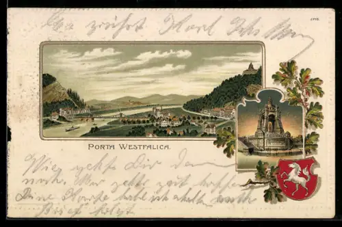 Passepartout-Lithographie Porta Westfalica, Ortsansicht, Kaiser-Wilhelm-Denkmal