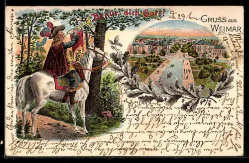 Lithographie Weimar, Parkansicht mit Trompeter und Ortspanorama, Behüt dich Gott