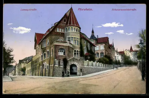AK Pforzheim, Lameystrasse Ecke Schwarzwaldstrasse mit Turmgebäude