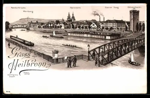 Lithographie Heilbronn, Neckarbrücke, Wartberg, Götzenturm, eiserner Steg