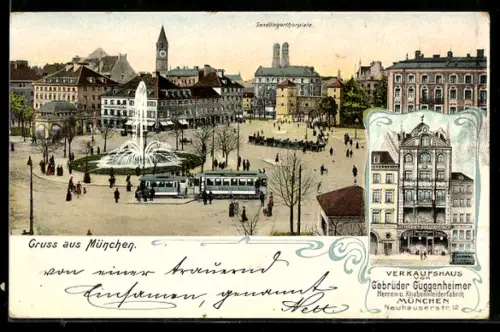 Lithographie München, Sendlingertorplatz, Strassenbahn, Warenhaus Gebrüder Guggenheimer