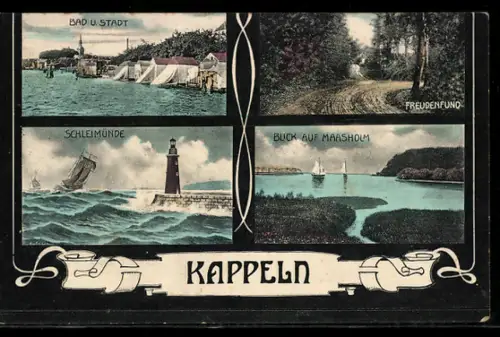 Lithographie Kappeln, Bad u. Stadt, Schleimünde, Blick auf Maasholm, Freudenfund