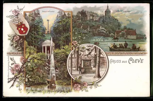 Lithographie Cleve, Amphitheater, Schwanenburg, Moritz-Denkmal