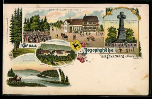 Lithographie Auerberg /Harz, Josephshöhe, Gasthaus F. Wolter, Logierhaus, Aussichtsturm