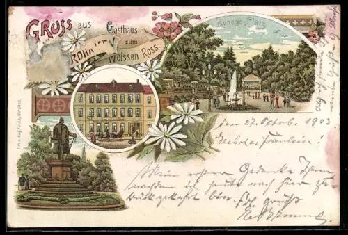 Lithographie Nordhausen, Gasthaus zum Weissen Ross, Gehege-Platz, Denkmal