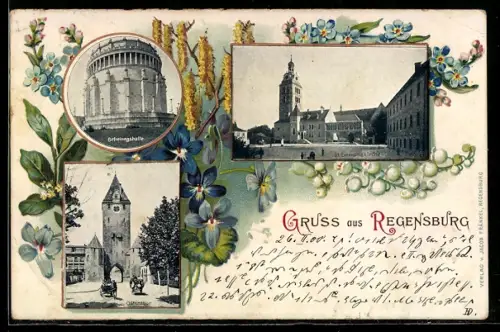 Lithographie Regensburg, Befreiungshalle, Luitpoldplatz, Ostentor, Blumen