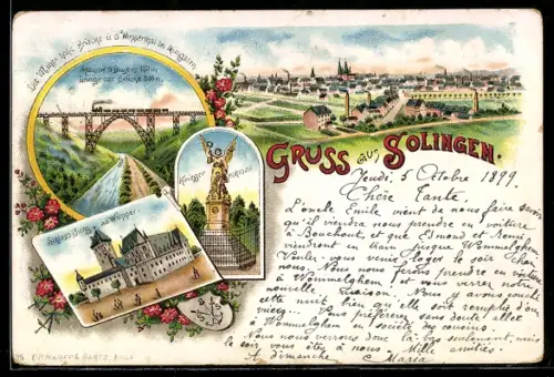 Lithographie Solingen, Müngstener Brücke, Krieger-Denkmal, Schloss Burg, Ortsansicht