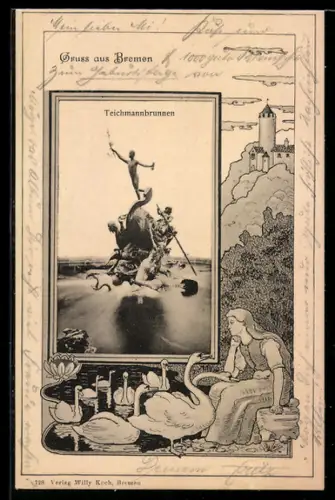 AK Bremen, Teichmannbrunnen mit Figurengruppe im Jugendstil-Passepartout