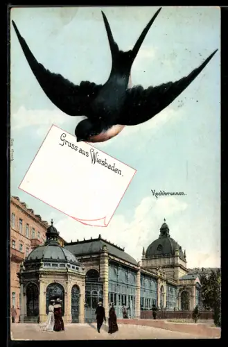 AK Wiesbaden, Passanten am Kochbrunnen