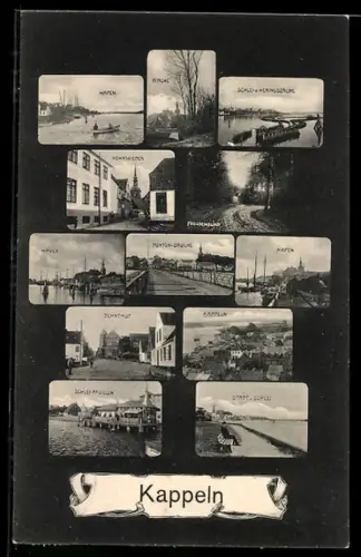 AK Kappeln, Hafen. Kehrwieder, Schlei-Pavillon, Ponton Brücke, Kirche