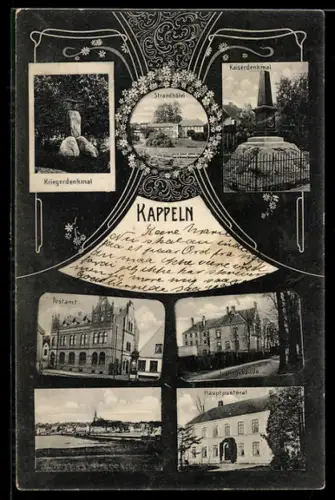 AK Kappeln, Kriegerdenkmal, Kaiserdenkmal, Postamt, Justizgebäude, Hauptpastorat