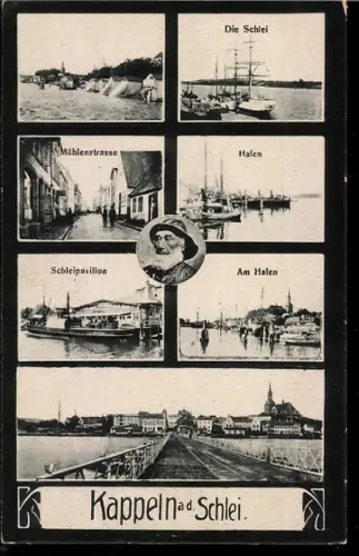 AK Kappeln a. d. Schlei, Hafen, Mühlenstrasse, Schleipavillon mit Dampfer, Schlei mit Segelschiffen