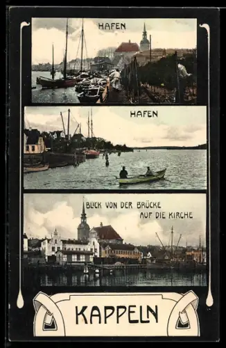 AK Kappeln, Hafen, Blick von der Brücke auf die Kirche