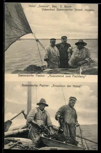 AK Stakendorfer Strand /Holstein, Stakendorfer Fischer ausziehend zum Fischfang, Einziehen der Netze