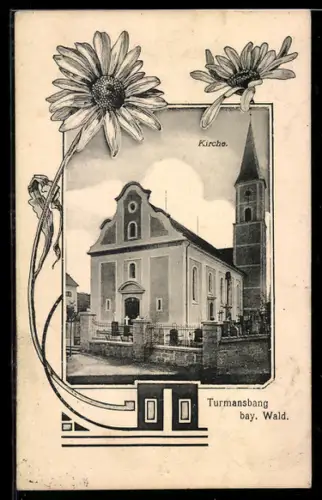 AK Thurmansbang, Ansicht der Kirche, Jugendstil-Ornamentik