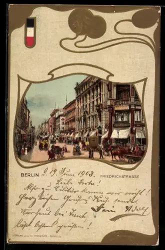 Präge-AK Berlin, Friedrichstrasse Ecke Leipzigerstrasse, Pferdefuhrwerke