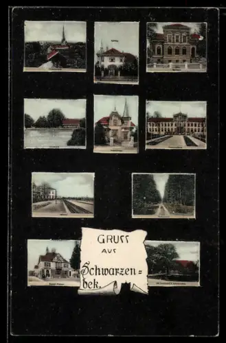 AK Schwarzenbek, Gemeindeamt, Börenteich, Apotheke, Sparkasse, Bahnhof, Kaiserl. Postamt, Sachsenwald