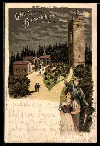 Lithographie Suhl, Partie am Bismarckturm