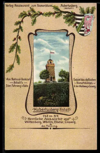 Lithographie Coswig /Anhalt, Hubertusburg, Partie am Bismarckturm