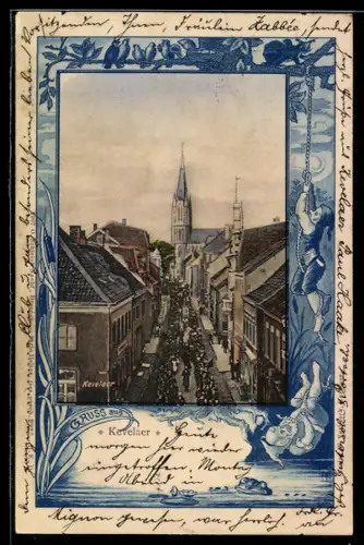 Passepartout-AK Kevelaer, Festzug durch die Innenstadt, Zwerge, Frosch und Eichhörnchen