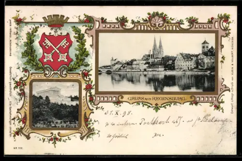 AK Regensburg, I. Internationale Ansichtskarten-Ausstellung, Teilansicht, Wappen