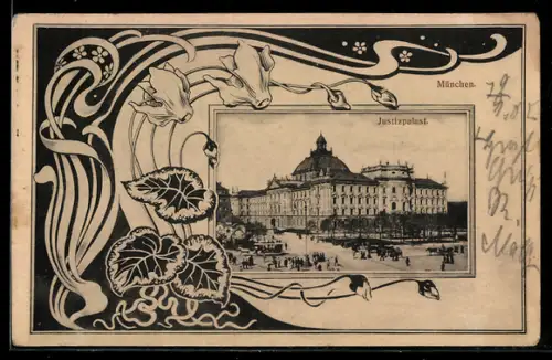AK München, Justizpalast im Jugendstil-Passepartout mit Alpenveilchen