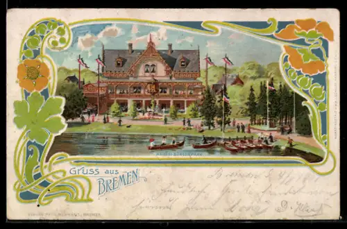 Lithographie Bremen, Meierei-Bürgerpark, Ruderboote