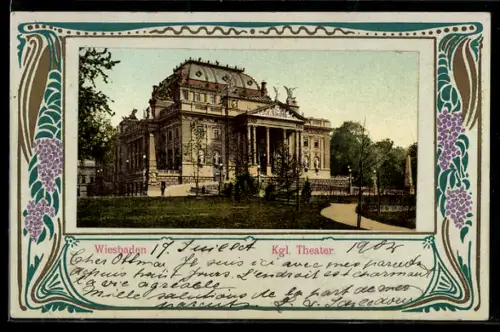 AK Wiesbaden, Kgl. Theater im Jugendstil-Passepartout