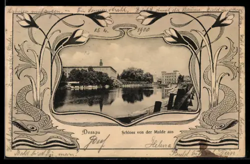 AK Dessau, Schloss von der Mulde aus, Jugendstil-Passepartout mit Fischen