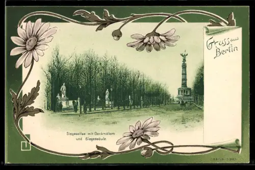 Lithographie Berlin-Tiergarten, Siegessallee mit Denkmälern & Siegessäule im Grossen Tiergarten