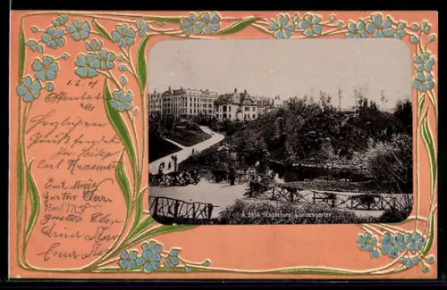 Präge-AK Magdeburg, Louisengarten im Jugendstil-Passepartout mit Vergissmeinnicht