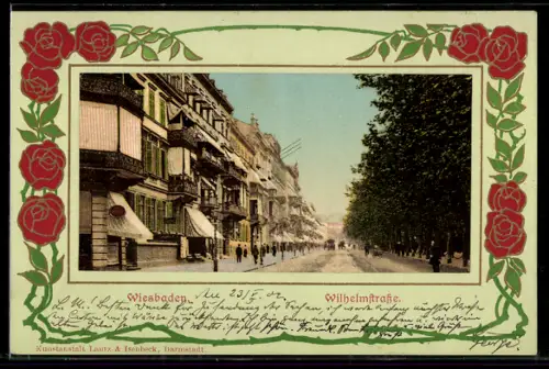AK Wiesbaden, Wilhelmstrasse mit Passanten im Passepartoutrahmen
