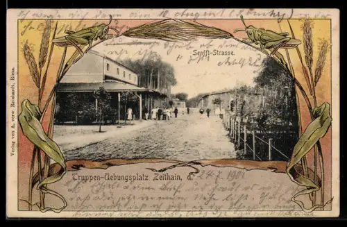 AK Zeithain, Senfft-Strasse im Jugendstil-Passepartout mit Heuschrecken