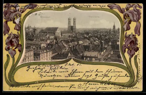 AK München, Panorama mit Frauenkirche, Passepartout