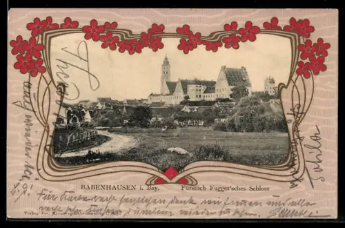 Blumengruss-AK Babenhausen, Fürstlich Fugger'sches Schloss