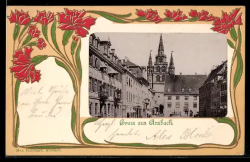 Präge-AK Ansbach, Strassenpartie im Jugendstil-Passepartout