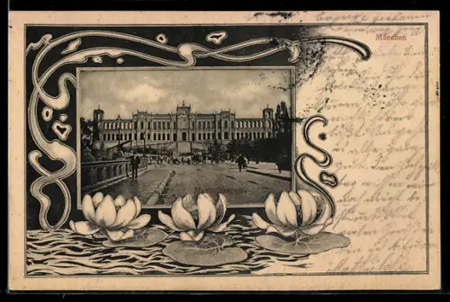 AK München, Maximilianeum im Jugendstil-Passepartout mit Seerosen